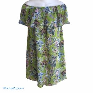 New Off The Shoulder Flounce Dress Green Floral Pattern Lined S / M / Peach Love